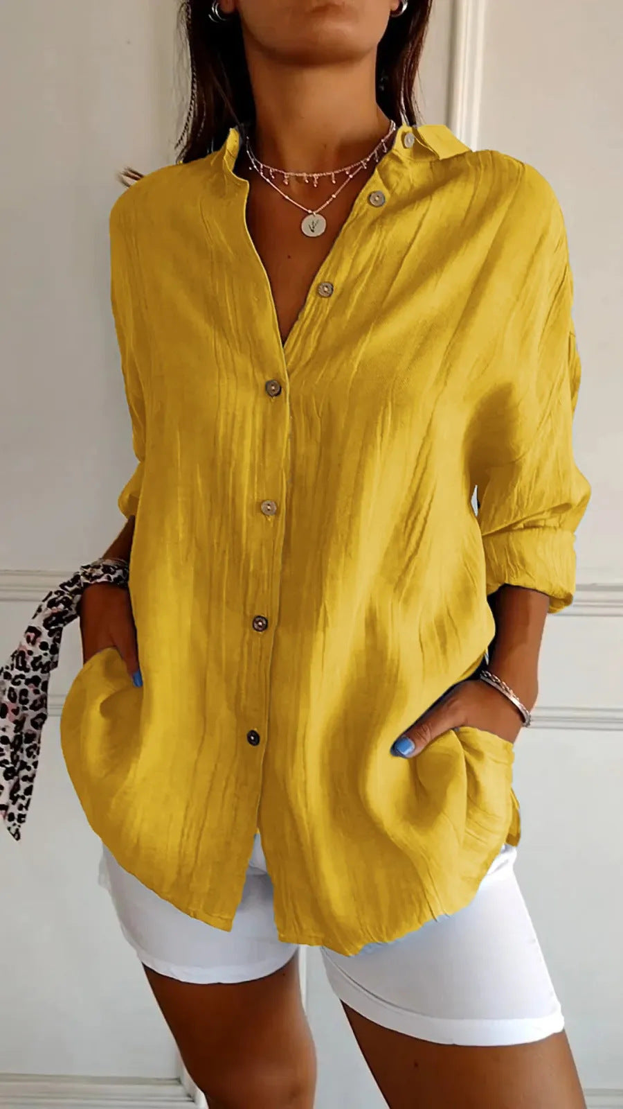 Lapel Long Sleeve Shirt Women's Single-breasted Pleated Shirt Tops Clothing