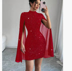 Women's Sexy Elegant Evening Party Dresses Round Neck Pit Stripe Pearl Chiffon Cape Sleeve Wrapped Hip Dress