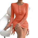 Women’s Round Neck Lace Long-Sleeve Midi Dress