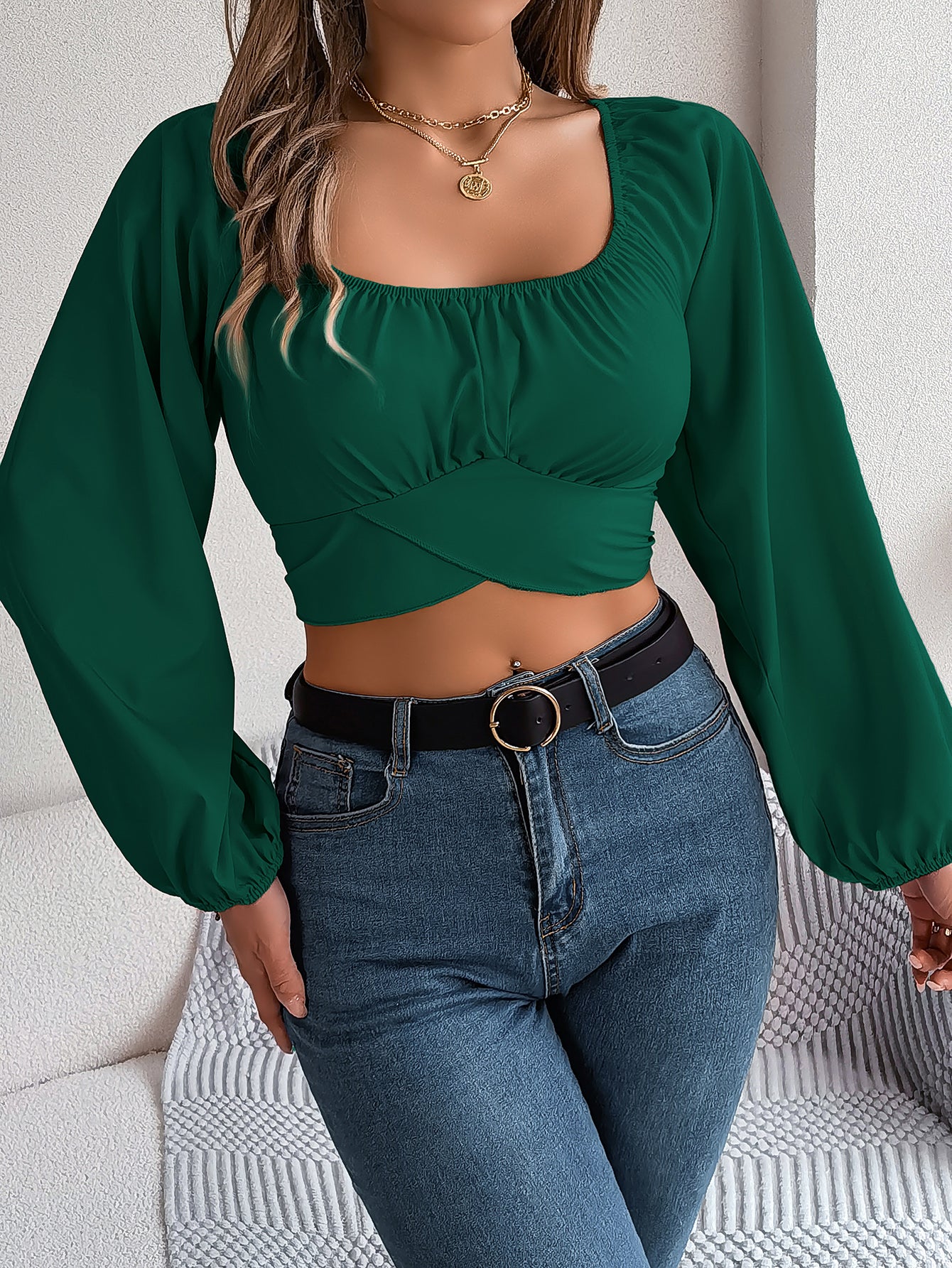 Women's Lantern Sleeve Tie Waist Chiffon Crop Top