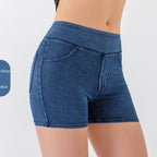 Denim-Look High-Waist Hip-Lifting Yoga Shorts – Slimming Tummy Control Fitness Shorts