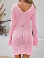 Saodimallsu Womens Crochet Swimsuit Coverup Summer Sexy V Neck Long Bell Sleeve Mesh Knit Bikini Cover Ups Beach Dresses