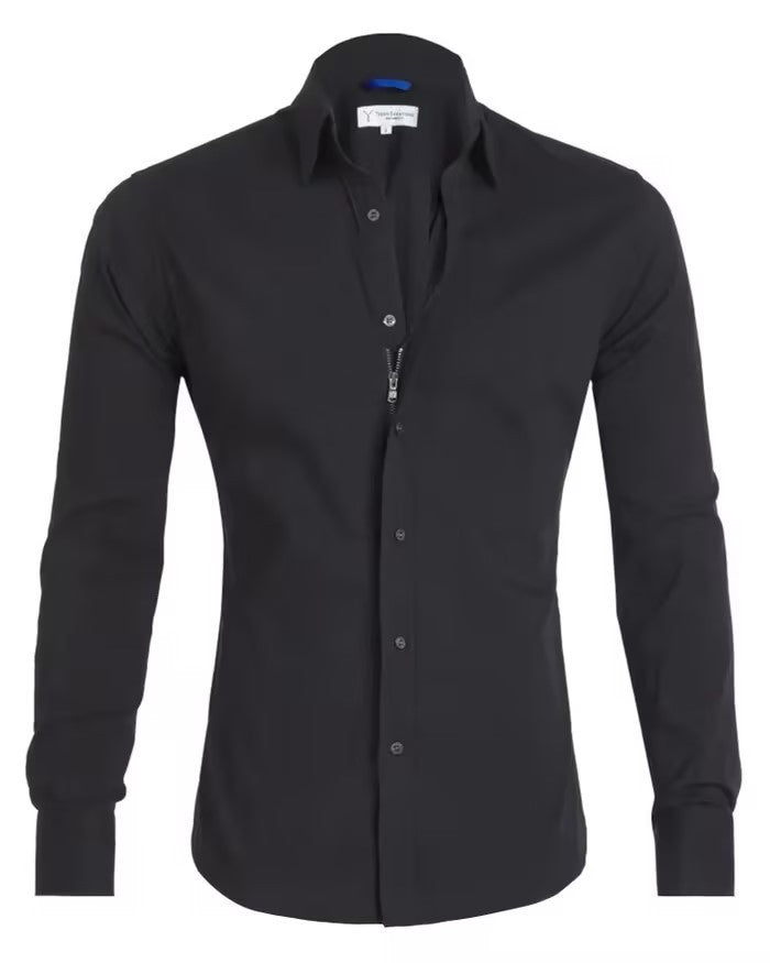 Men’s Long Sleeve Zipper & Button Lapel Shirt – Slim Fit Fashion Top