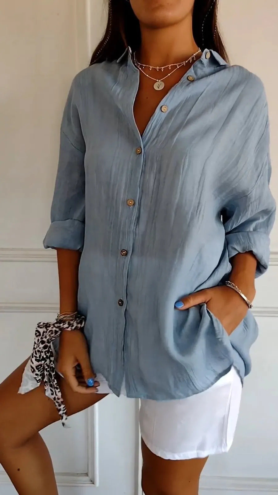Lapel Long Sleeve Shirt Women's Single-breasted Pleated Shirt Tops Clothing
