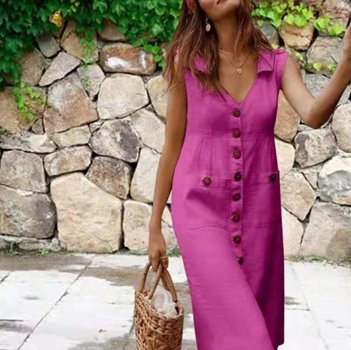 Summer Fashion V-Neck Button Dress Women Sleeveless Office Party Casual Dresses