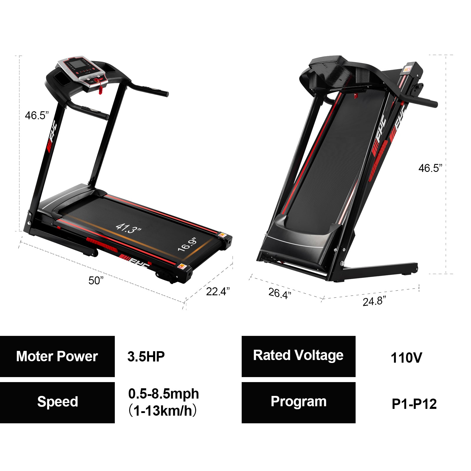 3.5HP Folding Electric Treadmill with Incline & LED Display