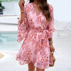 Women’s Summer Floral V-Neck Ruffle Dress with Lace-Up Detail