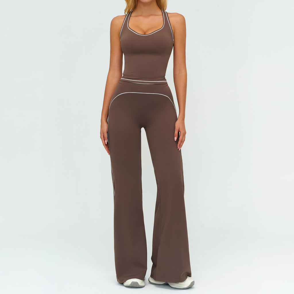 Womens Yoga Set V-neck Sleeveless Tops And Slim Straight Pants Summer Gym Sports Clothing