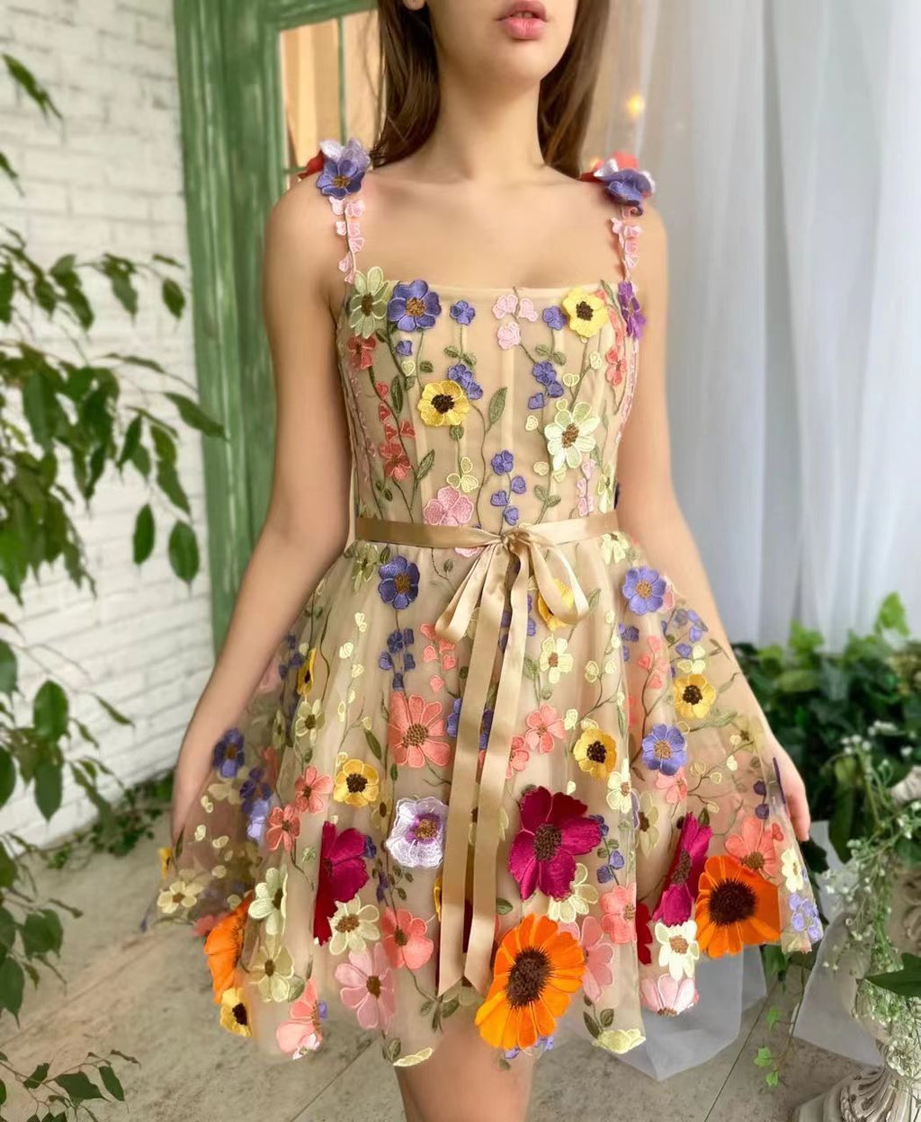 Women’s Summer A-Line Suspender Dress with 3D Flower Embroidery