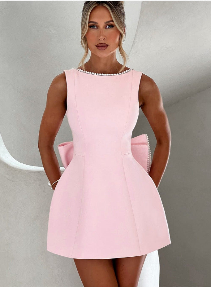 Fashion Big-Bowed Pearls Backless Dress Summer Slim Sleeveless A-line Dresses For Party Evening Women's Clothing