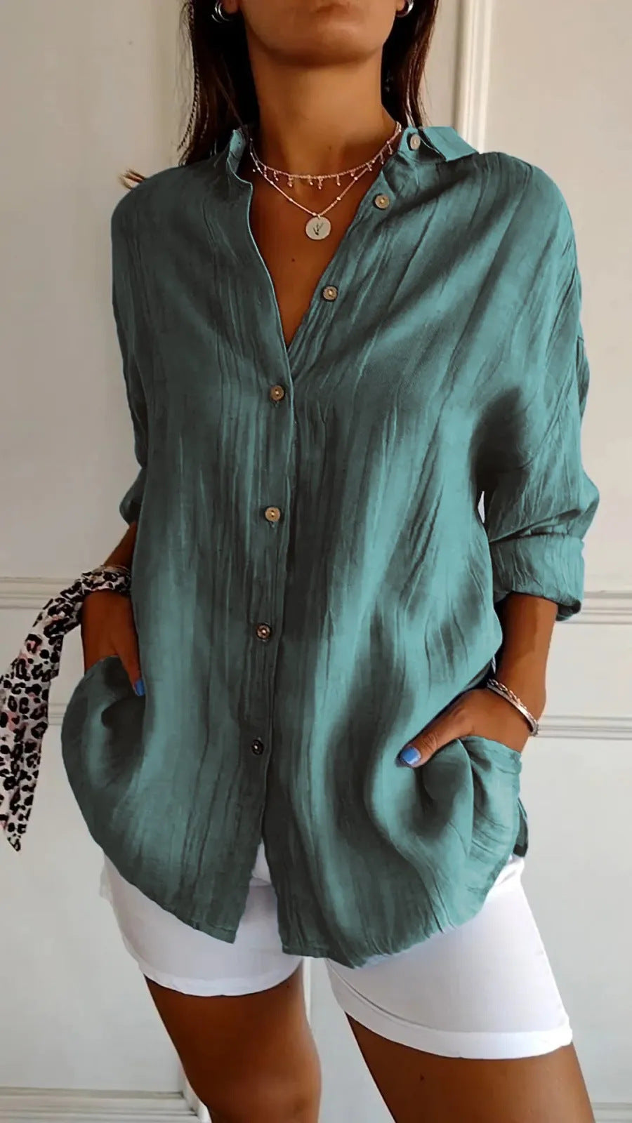 Lapel Long Sleeve Shirt Women's Single-breasted Pleated Shirt Tops Clothing