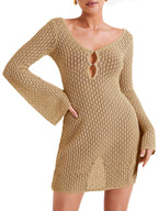 Saodimallsu Womens Crochet Swimsuit Coverup Summer Sexy V Neck Long Bell Sleeve Mesh Knit Bikini Cover Ups Beach Dresses