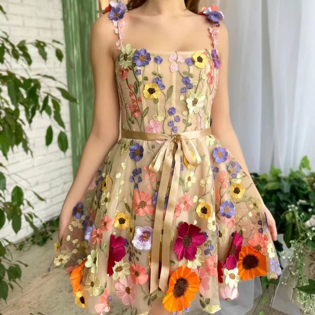 Women’s Summer A-Line Suspender Dress with 3D Flower Embroidery