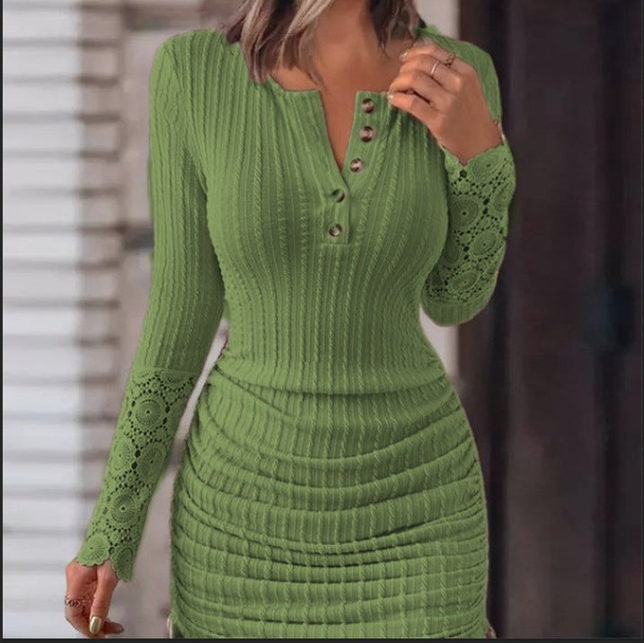 Women’s Round Neck Lace Long-Sleeve Midi Dress