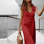 Summer Fashion V-Neck Button Dress Women Sleeveless Office Party Casual Dresses