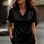 Womens Minimalist Short-sleeve Satin Shirt With A Collar