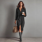 Turn-Down Collar Buttons Chic Casual Dress, Women Spring Autumn Solid Simple Party Dress, Long Sleeve Holiday Ladies Dress