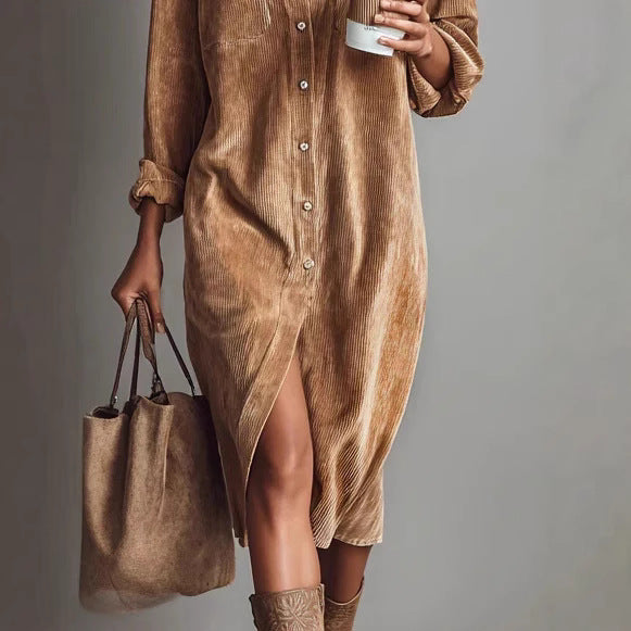 Turn-Down Collar Buttons Chic Casual Dress, Women Spring Autumn Solid Simple Party Dress, Long Sleeve Holiday Ladies Dress