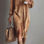 Turn-Down Collar Buttons Chic Casual Dress, Women Spring Autumn Solid Simple Party Dress, Long Sleeve Holiday Ladies Dress