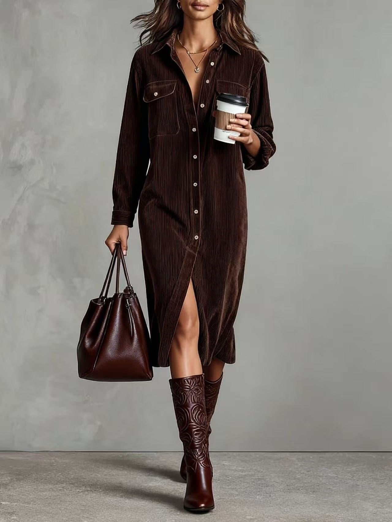 Turn-Down Collar Buttons Chic Casual Dress, Women Spring Autumn Solid Simple Party Dress, Long Sleeve Holiday Ladies Dress