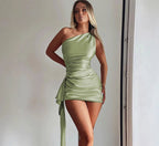 One-shoulder Sleeveless Mini Dress Sexy Slim Backless Skirt Party Wedding Dresses Womens Clothing