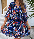 Women’s Summer Floral V-Neck Ruffle Dress with Lace-Up Detail