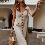 Summer Fashion V-Neck Button Dress Women Sleeveless Office Party Casual Dresses