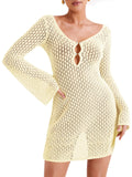 Saodimallsu Womens Crochet Swimsuit Coverup Summer Sexy V Neck Long Bell Sleeve Mesh Knit Bikini Cover Ups Beach Dresses