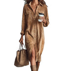 Turn-Down Collar Buttons Chic Casual Dress, Women Spring Autumn Solid Simple Party Dress, Long Sleeve Holiday Ladies Dress