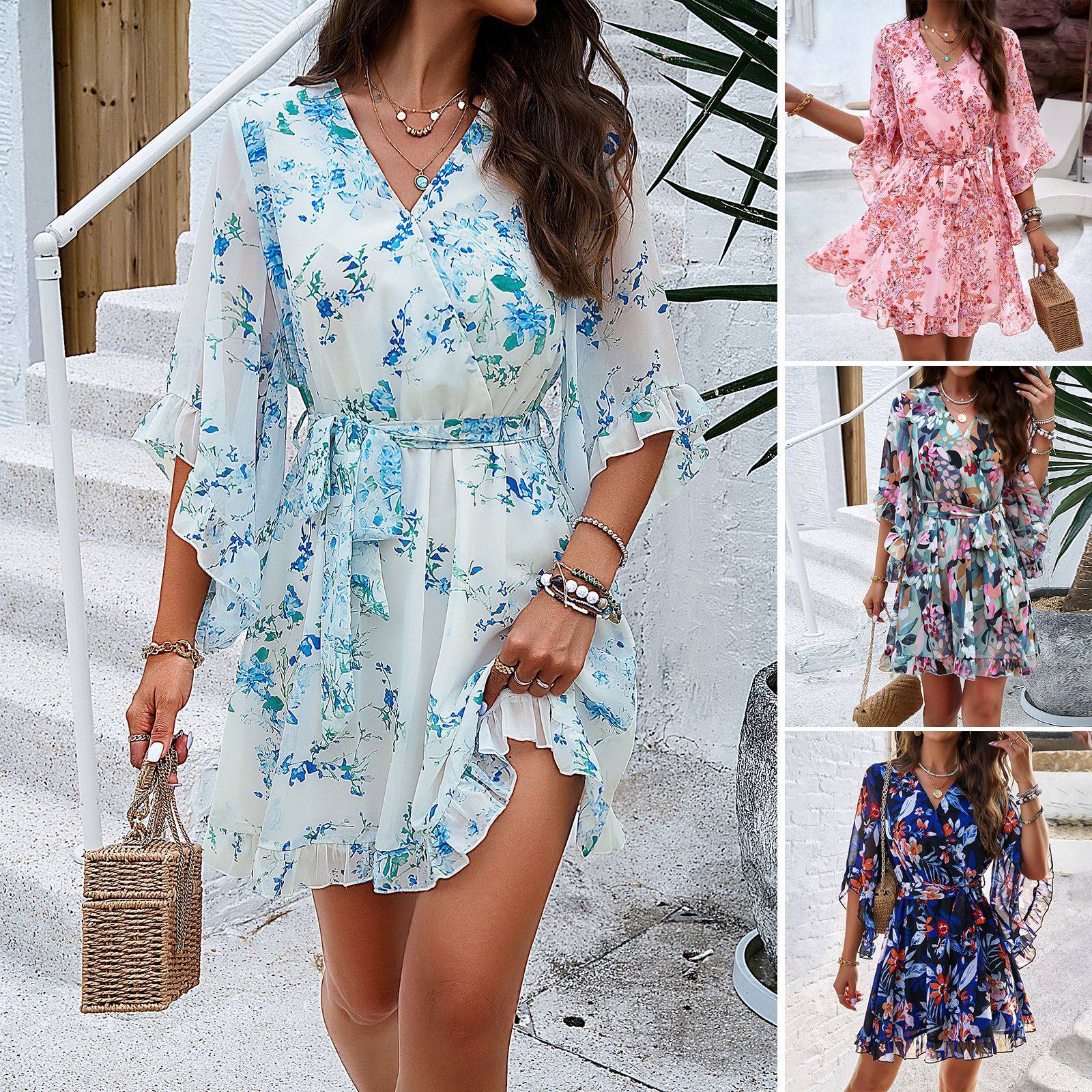 Women’s Summer Floral V-Neck Ruffle Dress with Lace-Up Detail