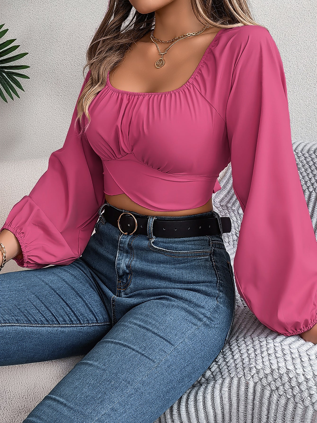 Women's Lantern Sleeve Tie Waist Chiffon Crop Top