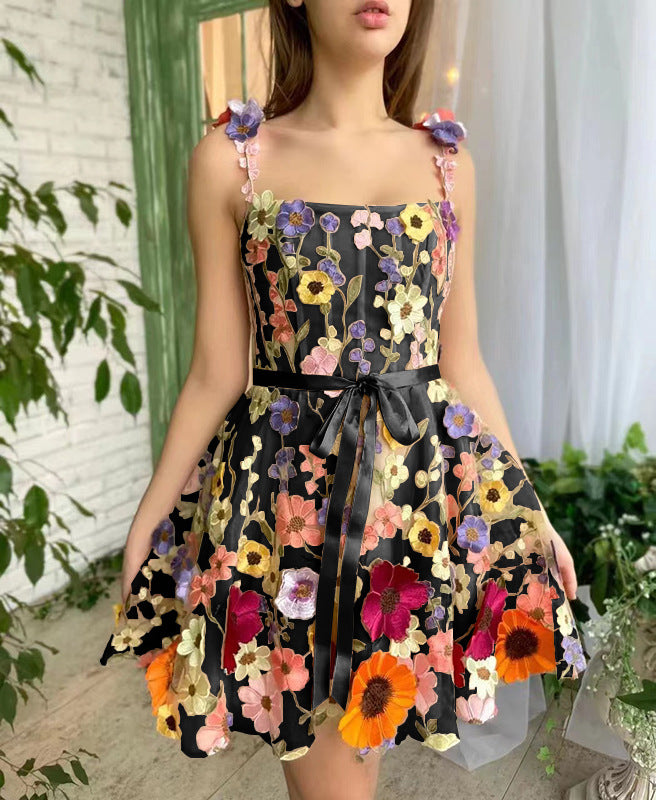 Women’s Summer A-Line Suspender Dress with 3D Flower Embroidery
