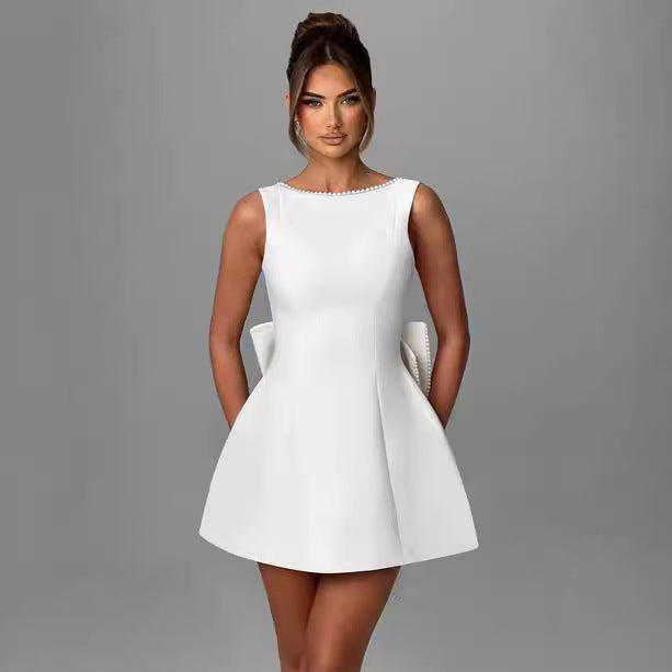 Fashion Big-Bowed Pearls Backless Dress Summer Slim Sleeveless A-line Dresses For Party Evening Women's Clothing
