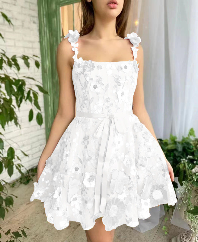 Women’s Summer A-Line Suspender Dress with 3D Flower Embroidery