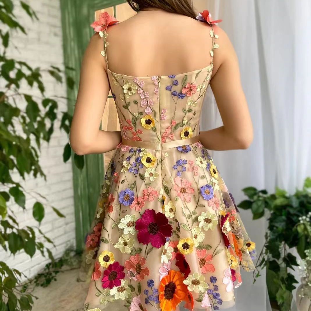 Women’s Summer A-Line Suspender Dress with 3D Flower Embroidery