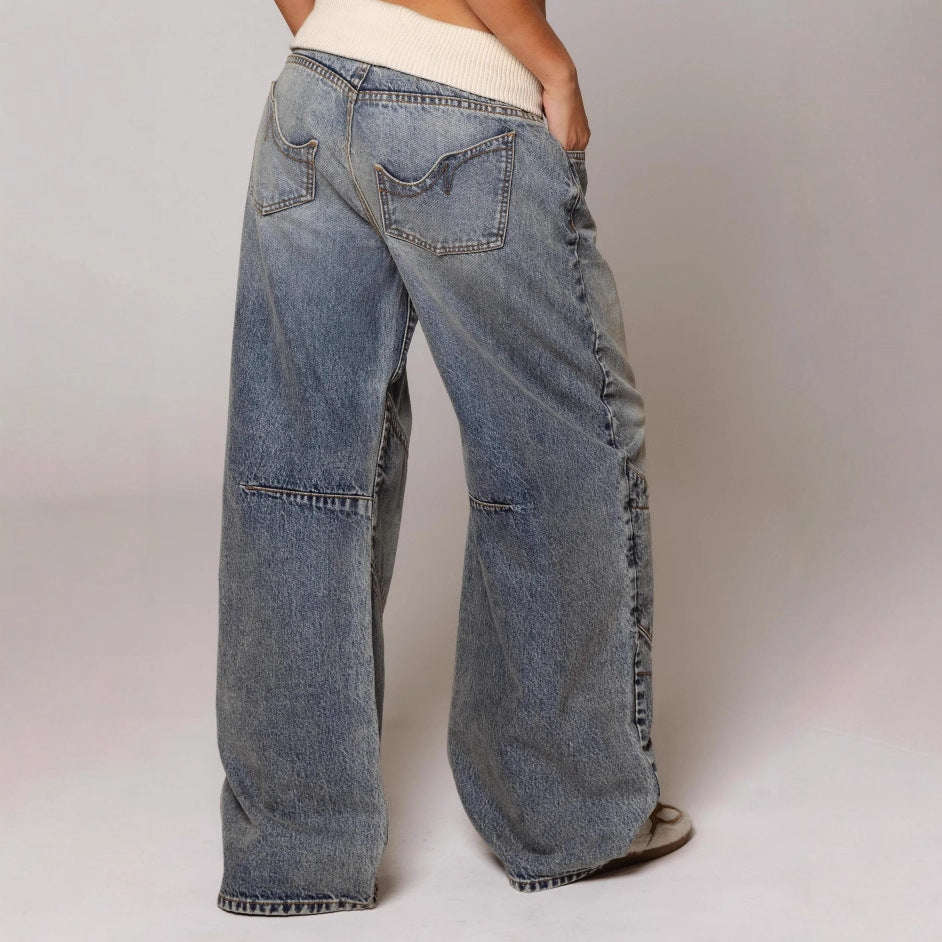 Loose-fitting Straight-leg Jeans With Pockets Fashion Casual Trousers Street-style Pants Women's Clothing