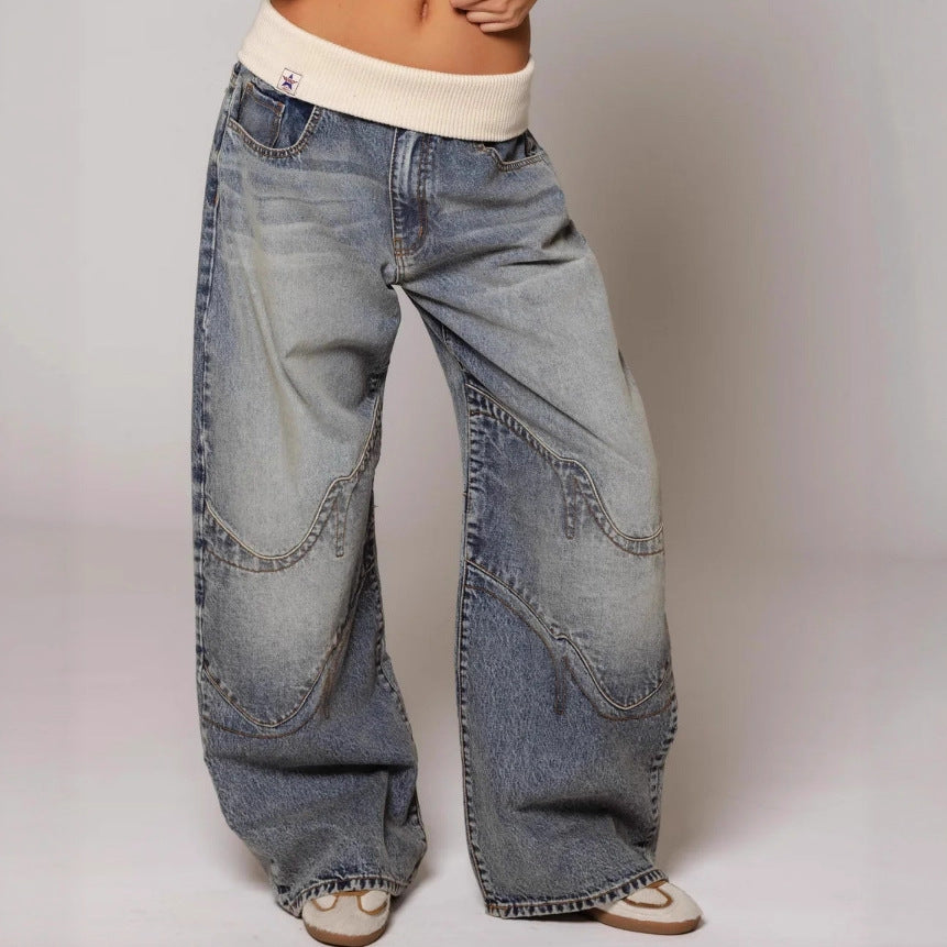 Loose-fitting Straight-leg Jeans With Pockets Fashion Casual Trousers Street-style Pants Women's Clothing
