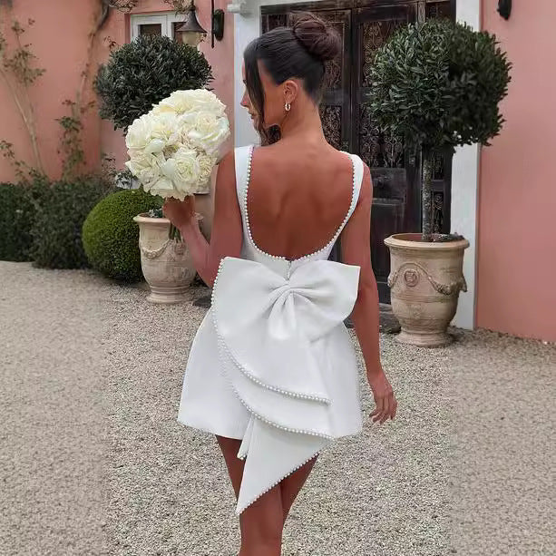 Fashion Big-Bowed Pearls Backless Dress Summer Slim Sleeveless A-line Dresses For Party Evening Women's Clothing