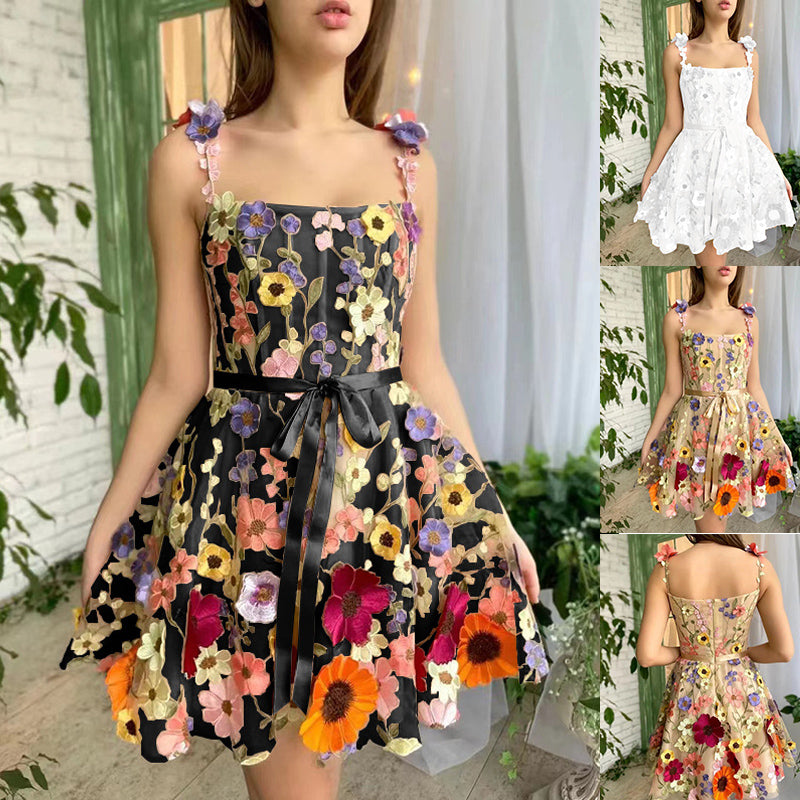 Women’s Summer A-Line Suspender Dress with 3D Flower Embroidery