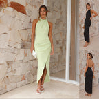 Ins Halter Split Long Dress Summer Slim Fit Backless Dresses Solid High-end Women's Clothing