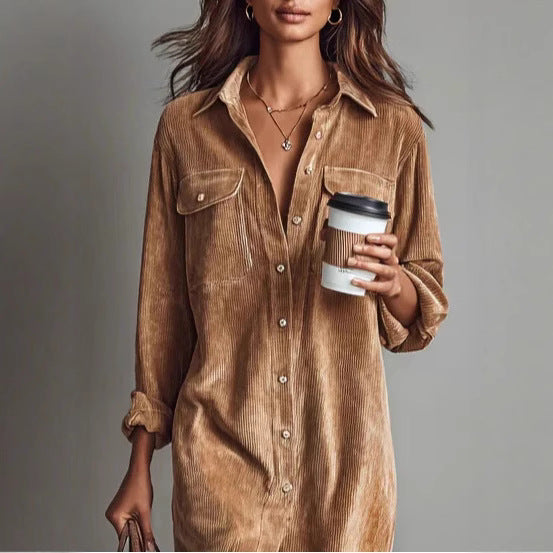 Turn-Down Collar Buttons Chic Casual Dress, Women Spring Autumn Solid Simple Party Dress, Long Sleeve Holiday Ladies Dress