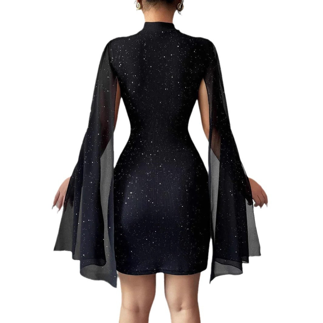 Women's Sexy Elegant Evening Party Dresses Round Neck Pit Stripe Pearl Chiffon Cape Sleeve Wrapped Hip Dress