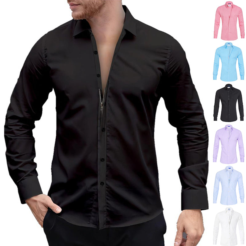 Men’s Long Sleeve Zipper & Button Lapel Shirt – Slim Fit Fashion Top