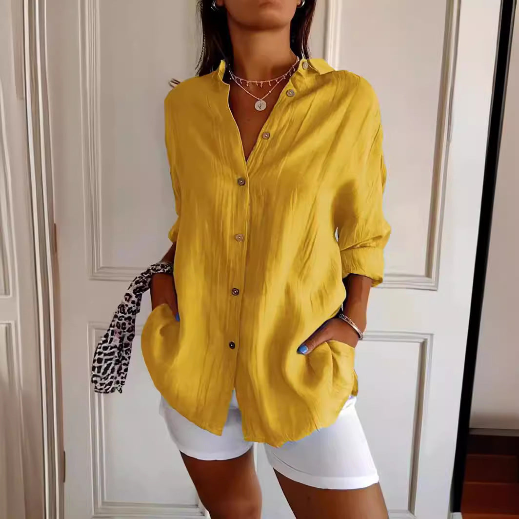 Lapel Long Sleeve Shirt Women's Single-breasted Pleated Shirt Tops Clothing