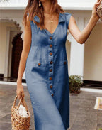 Summer Fashion V-Neck Button Dress Women Sleeveless Office Party Casual Dresses