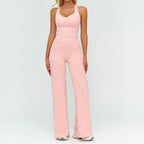 Womens Yoga Set V-neck Sleeveless Tops And Slim Straight Pants Summer Gym Sports Clothing