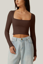 Meyeeka Women's Cinnamon Seamless Cropped Yoga Top Long Sleeve Square Neck - L