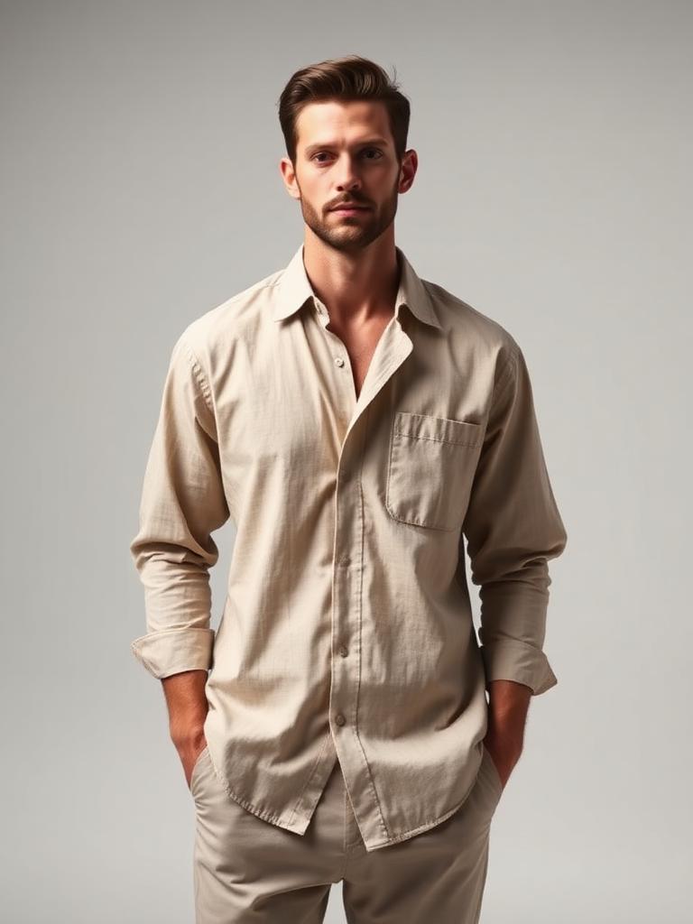Beige Linen Button-Down Shirt