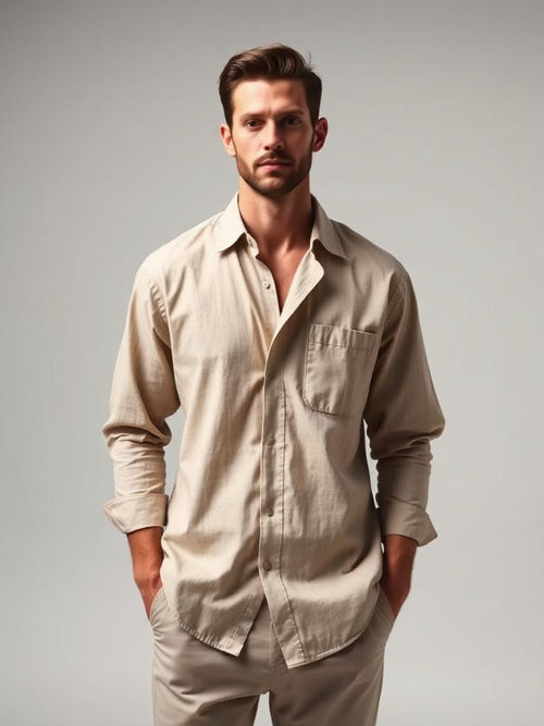 Beige Linen Button-Down Shirt